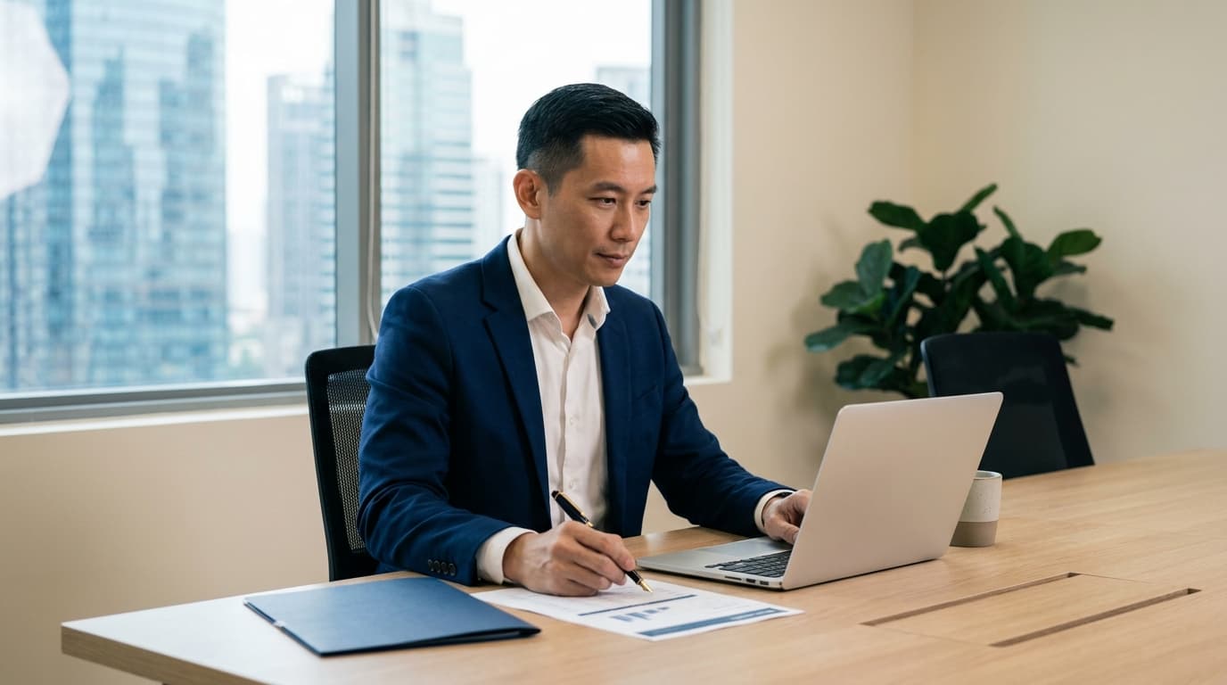 Life Focus Consulting principal at his desk in a Kuala Lumpur advisory office, late morning.
