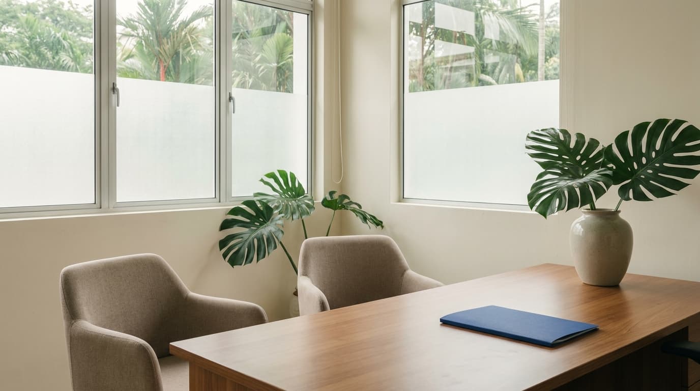 The Life Focus consultative office — empty meeting room with cream walls, two chairs, a wood desk, and a single navy folder.